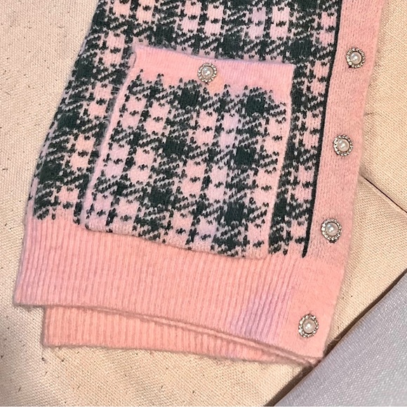 ZARA || 2-Piece/ Knit Vest + Skirt Set in Pink Plaid w/ Pearl Button Detail - Picture 7 of 7
